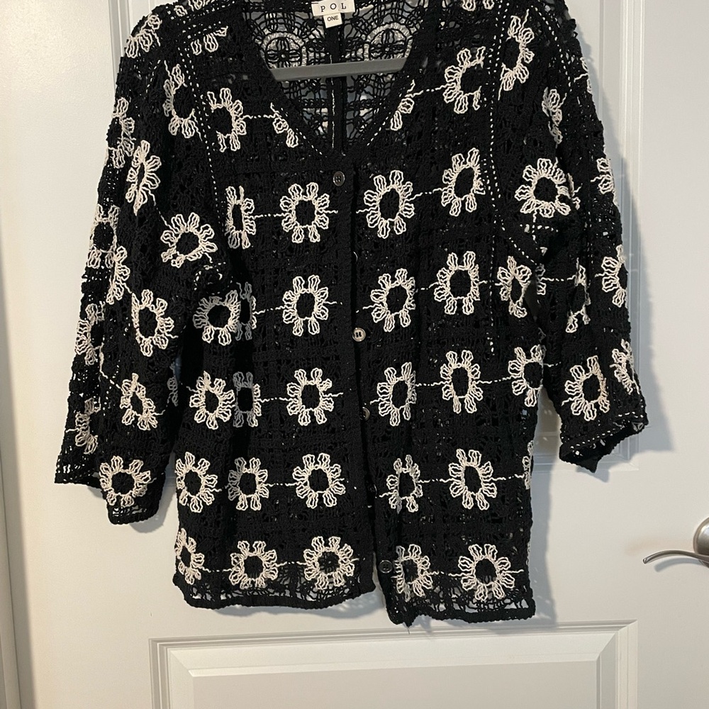 POL Black and White Floral Crochet Blouse OS